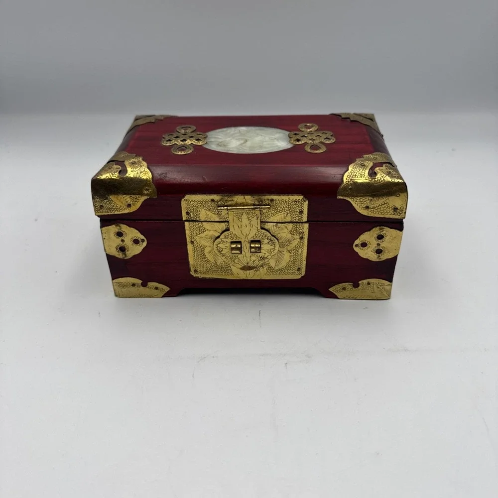 Vintage Chinese Rosewood Jewelry Box Jade Inlay Brass & Silk Accents